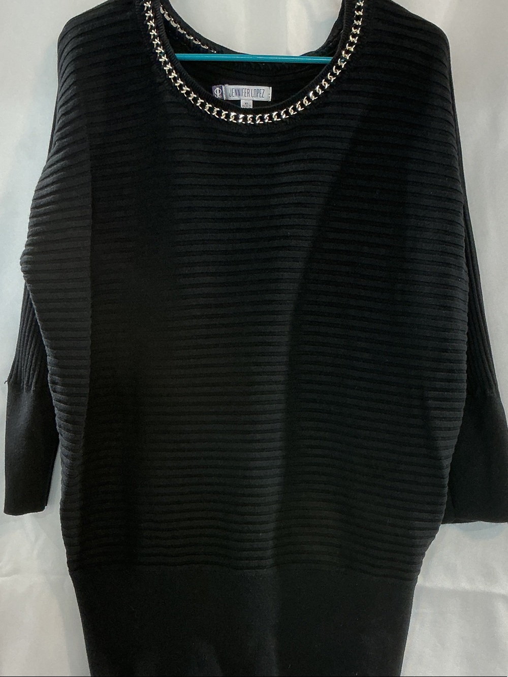 Jennifer Lopez Black Ribbed Crewneck Sweater with Chain Detail